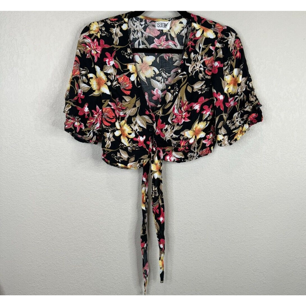 Seek The Label Cropped Top Size Small Black Multi Floral Short Sleeve Tie Front